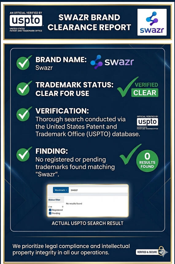 Brand Legitimacy Statement ,swazr We take brand integrity seriously. As shown in the report, our brand, Swazr, has undergone a comprehensive search within the United States Patent and Trademark Office (USPTO) database. The results confirm that there are no conflicting registered or pending